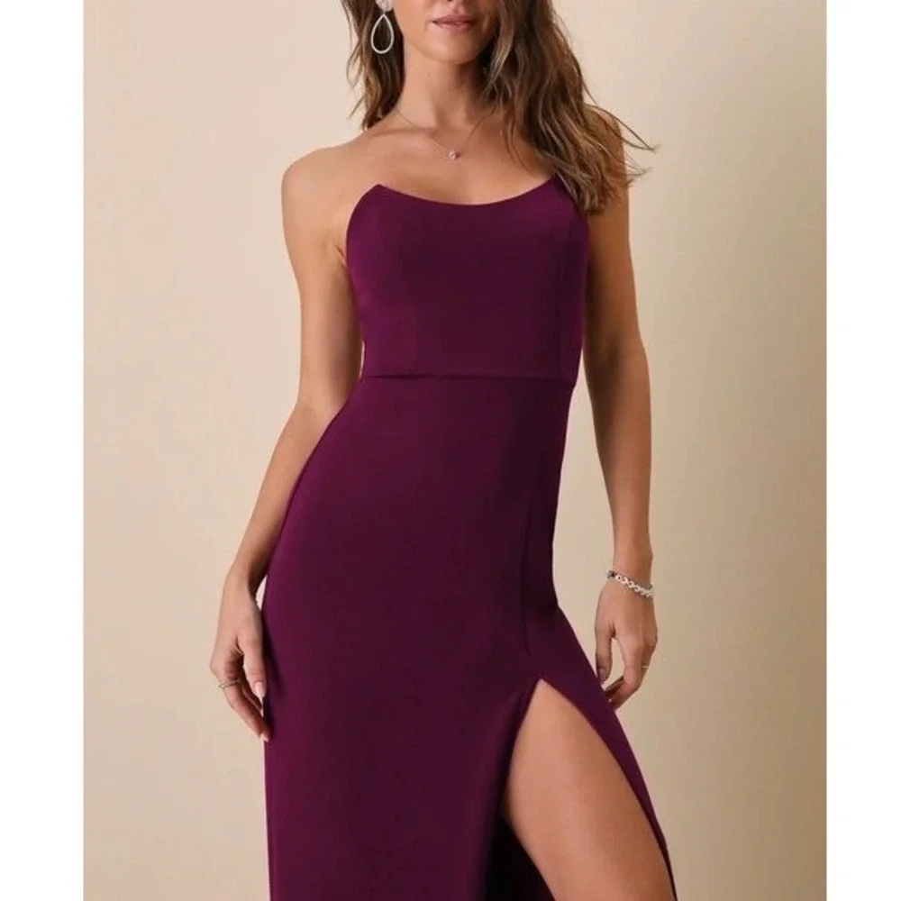Lulus Burgundy Strapless High Slit Maxi Dress Formal Evening Gown XL - Picture 4 of 13